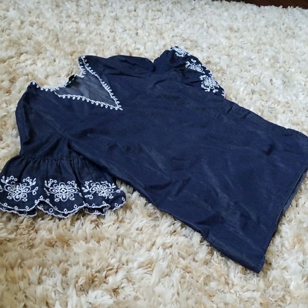 Chambray Embroidery Flutter Sleeve Blouse - image 3